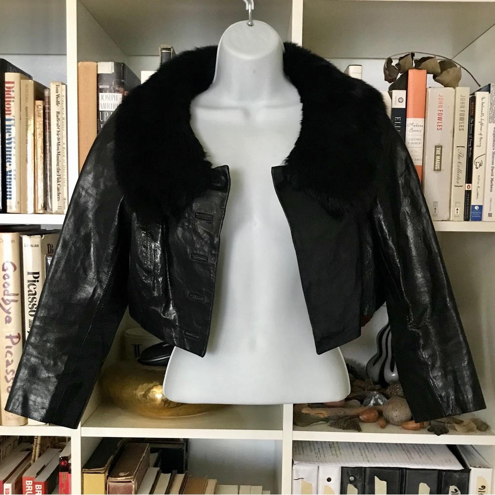 Vintage 90s Bebe Cropped Patent Leather Bolero w/ Real Fur Collar